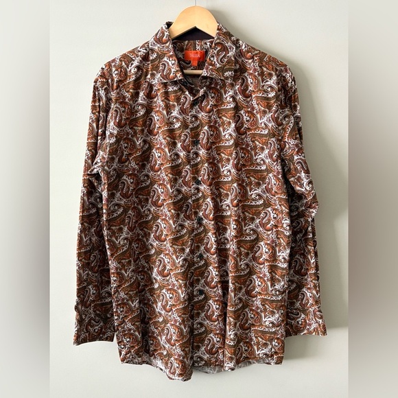 Tallia Men’s Paisley Print Dress Shirt – Brown/Orange – Size L (16.5) - Picture 1 of 5